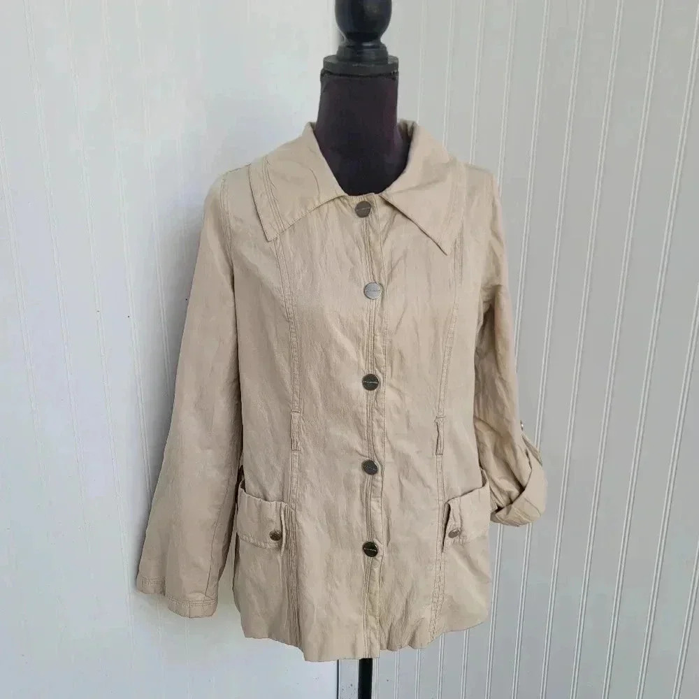 Liz Claiborne Beige Satin Convertable Sleeves Snap Jacket Windbreaker Sz M